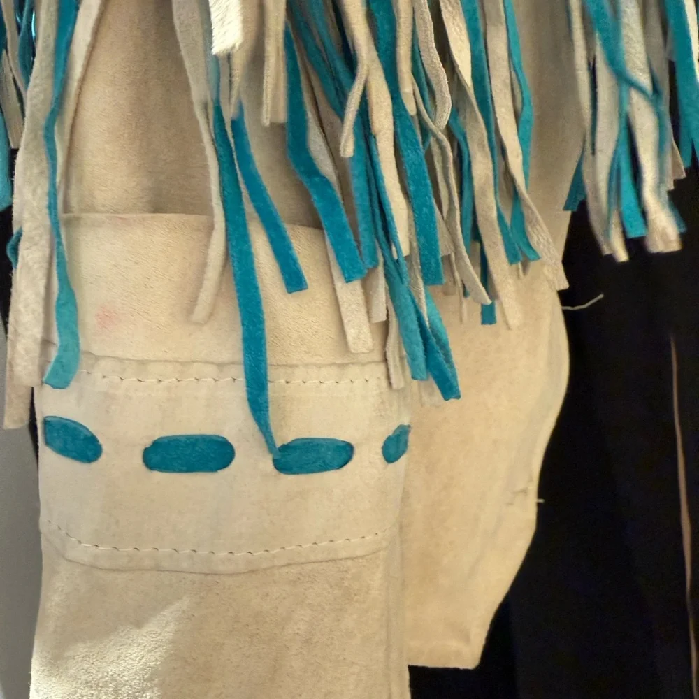 Pioneer Wear Women's Fringe Leather Jacket - Cream and Teal - Picture 6 of 7